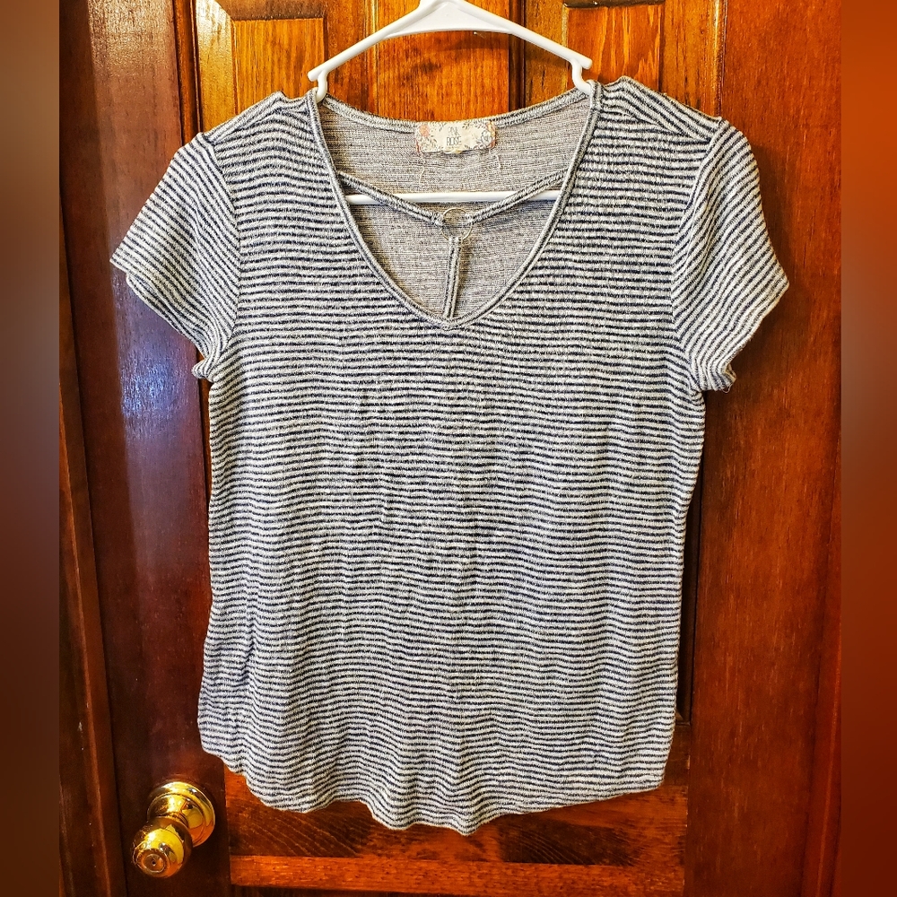 Navy Blue Striped Pink Rose Top